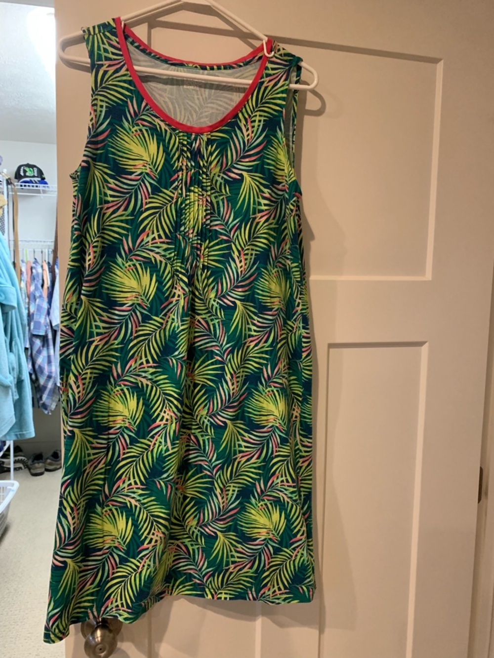 Lands End Tropical Leaf Sleeveless Sundress - Green with Pink Accents